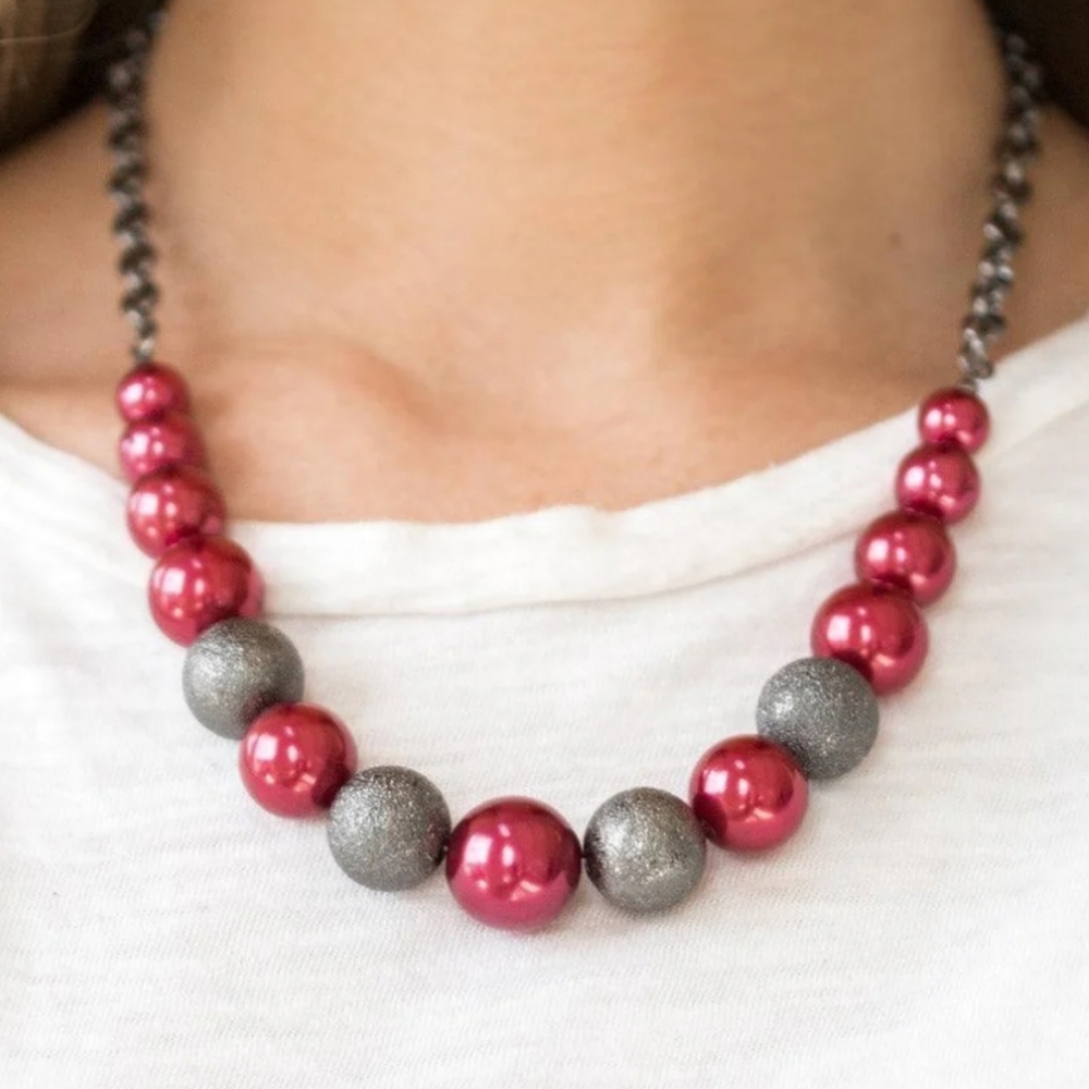 Paparazzi Color Me Ceo Red And Silver Glitter Ball Necklace And Earrings Set New